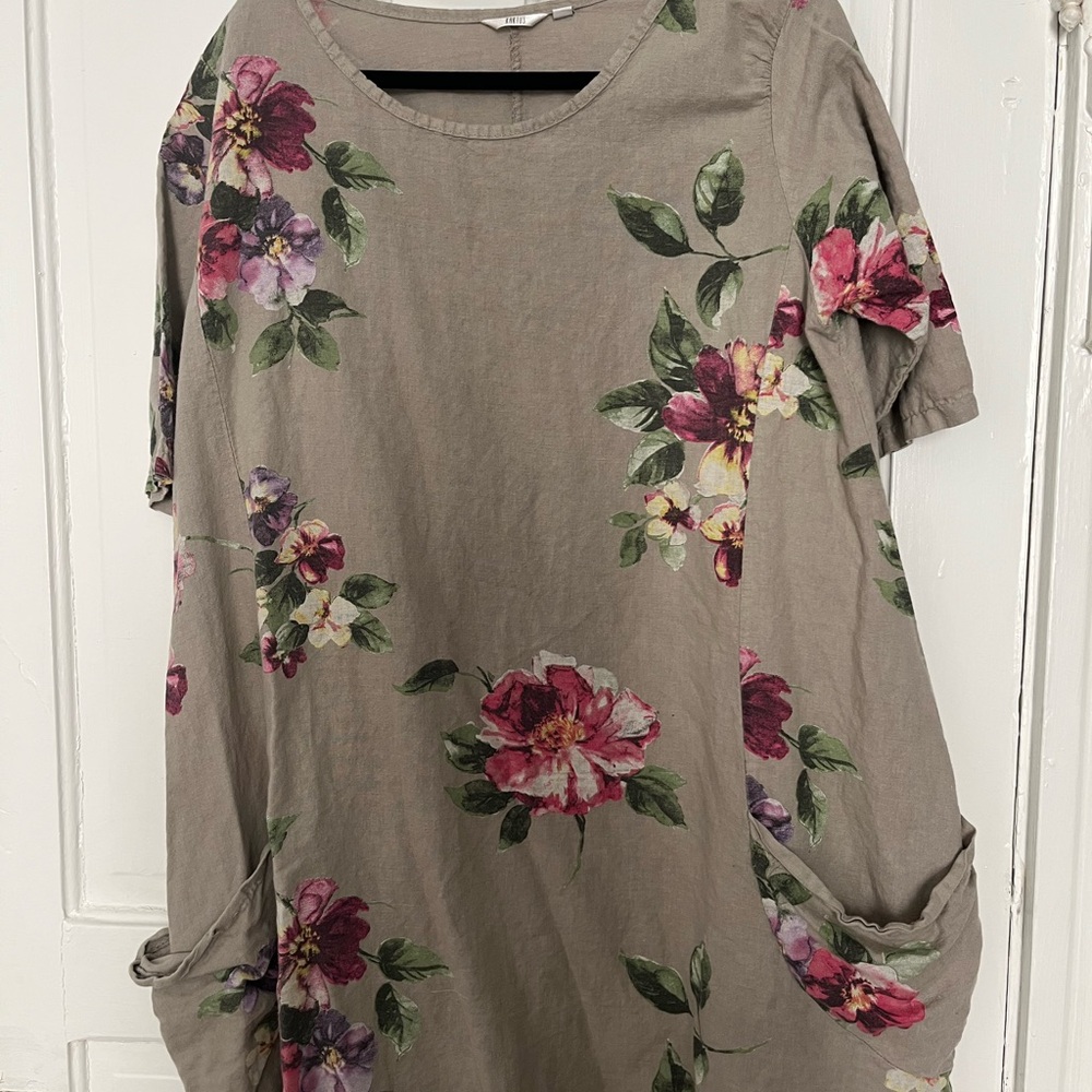 Kaktus Pink/purple Floral Print Linen Dress Made in Italy